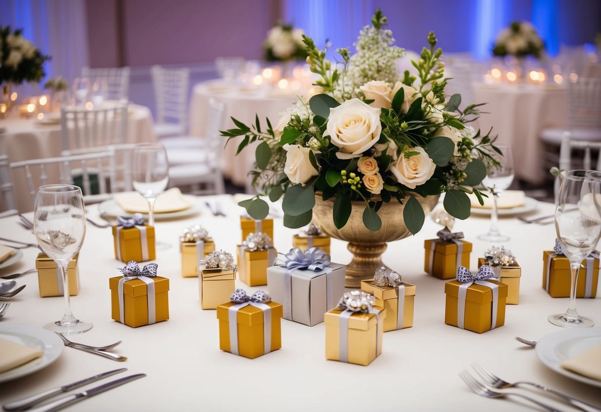 A table adorned with small gift boxes and decorative favors, surrounded by elegant place settings and floral centerpieces at a wedding reception