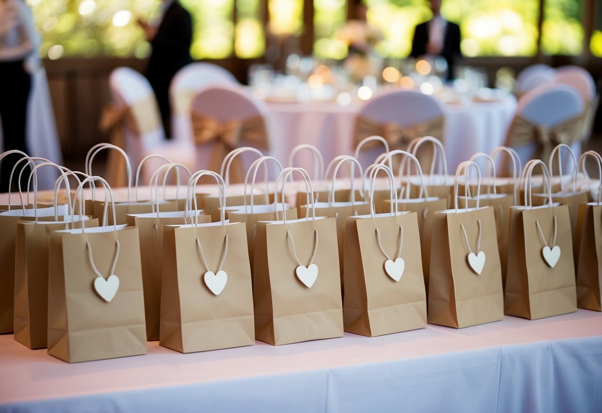 A table with wedding favors and gift bags arranged neatly for guests to take
