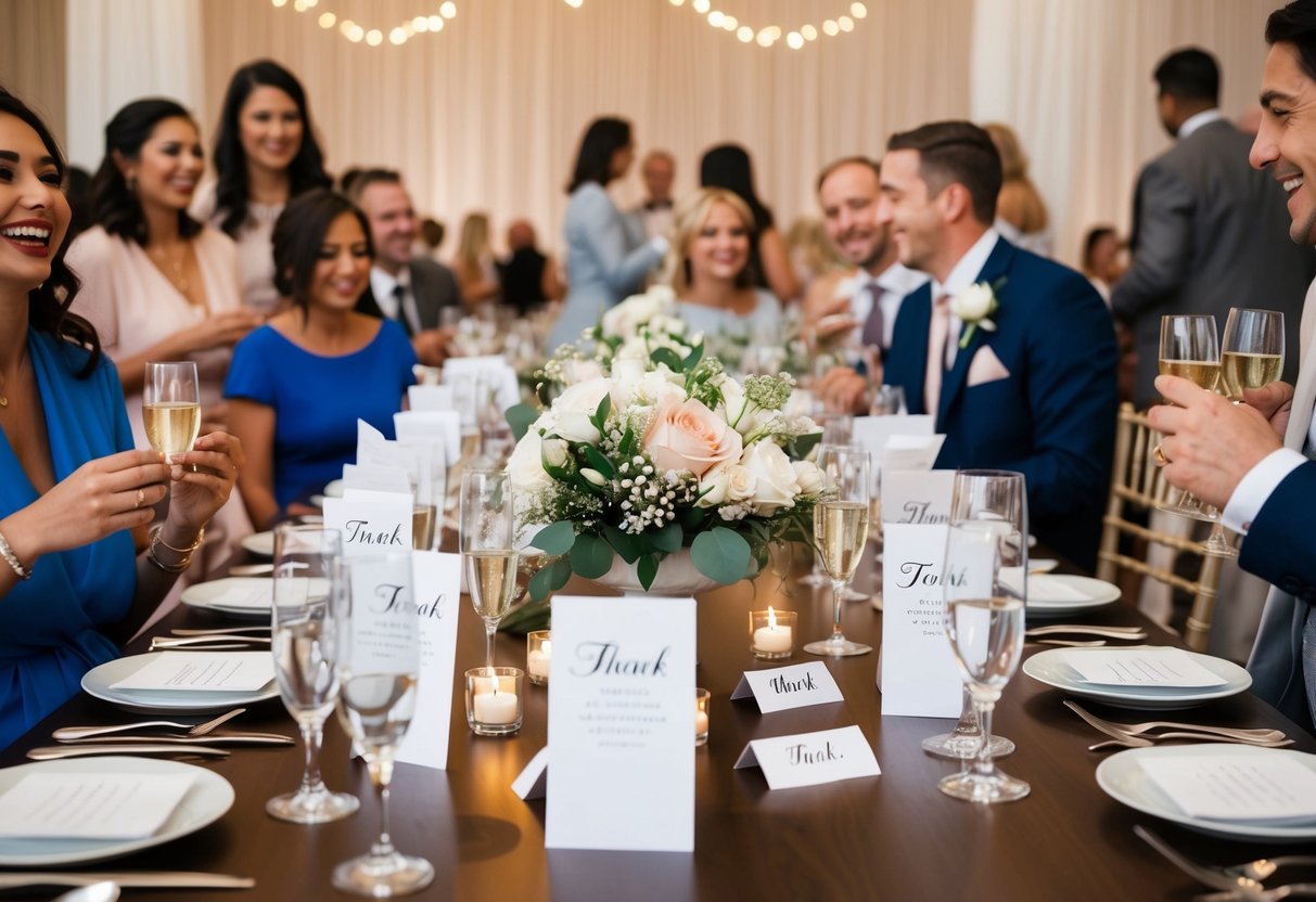 A table adorned with elegant wedding favors and thank you cards, surrounded by joyful guests mingling and chatting