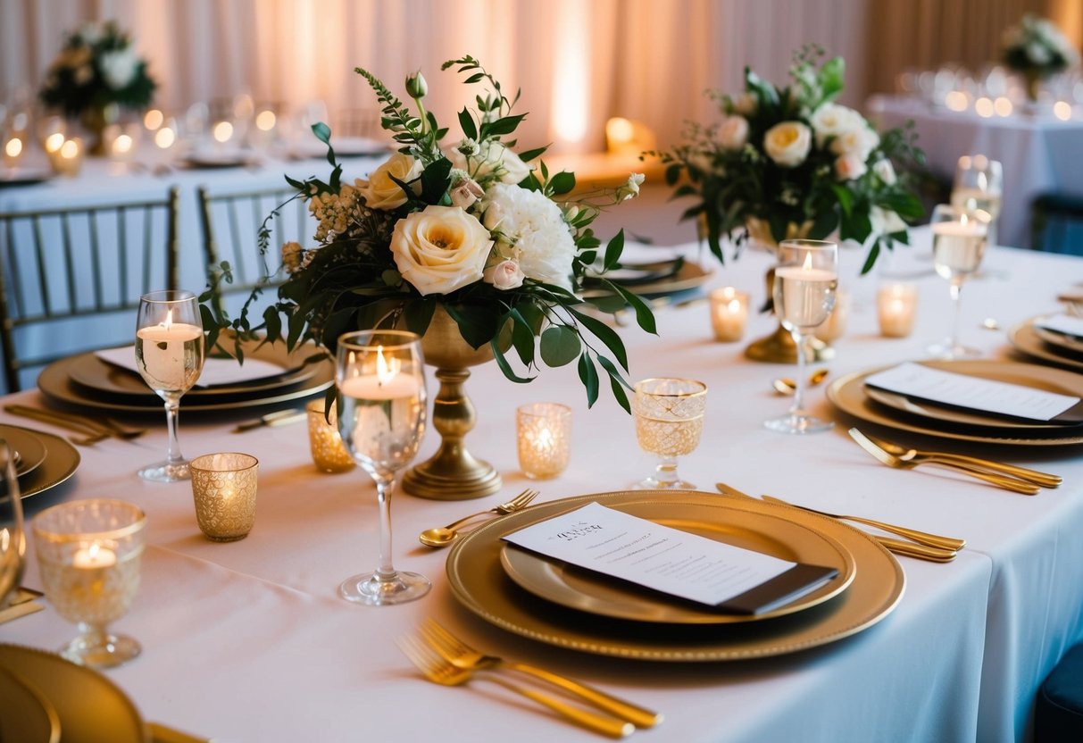 A beautifully set table at a wedding reception, with elegant place settings, floral centerpieces, and soft candlelight