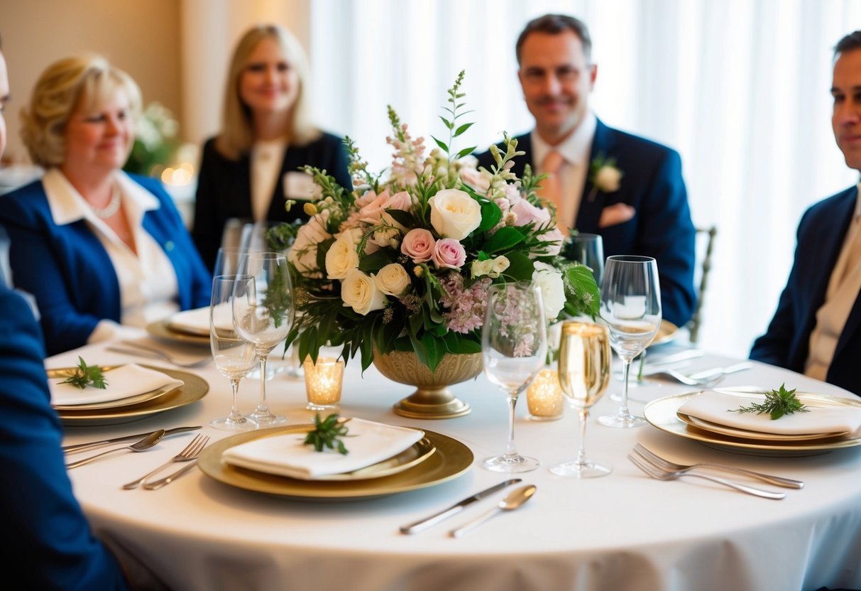 A beautifully set table with elegant place settings and a floral centerpiece, indicating the importance of the guests seated there