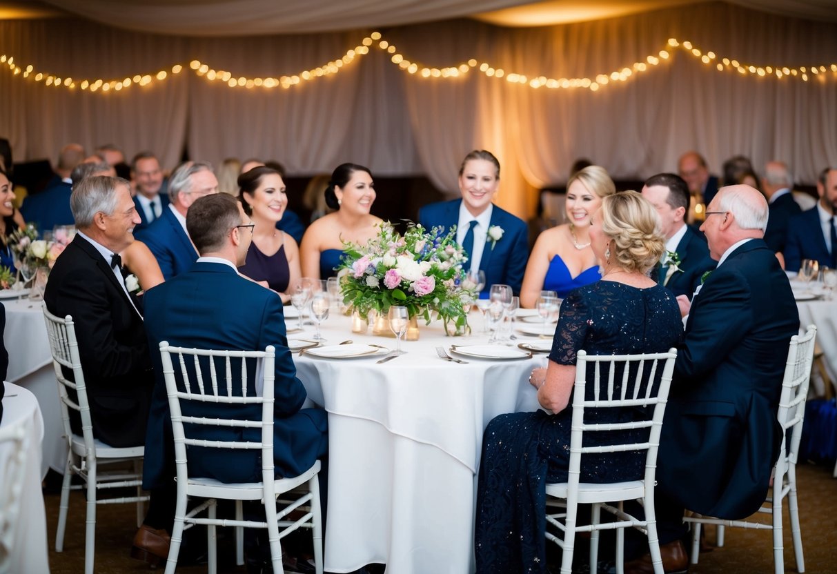 Guests at table 1 are seated in a semi-circle around a smaller table, chatting and laughing. A floral centerpiece adorns the center of the table