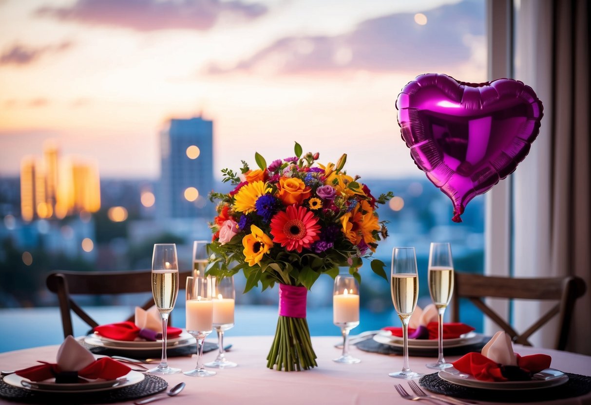 A bouquet of colorful flowers and a heart-shaped balloon floating in the air above a romantic dinner table set with candles and champagne
