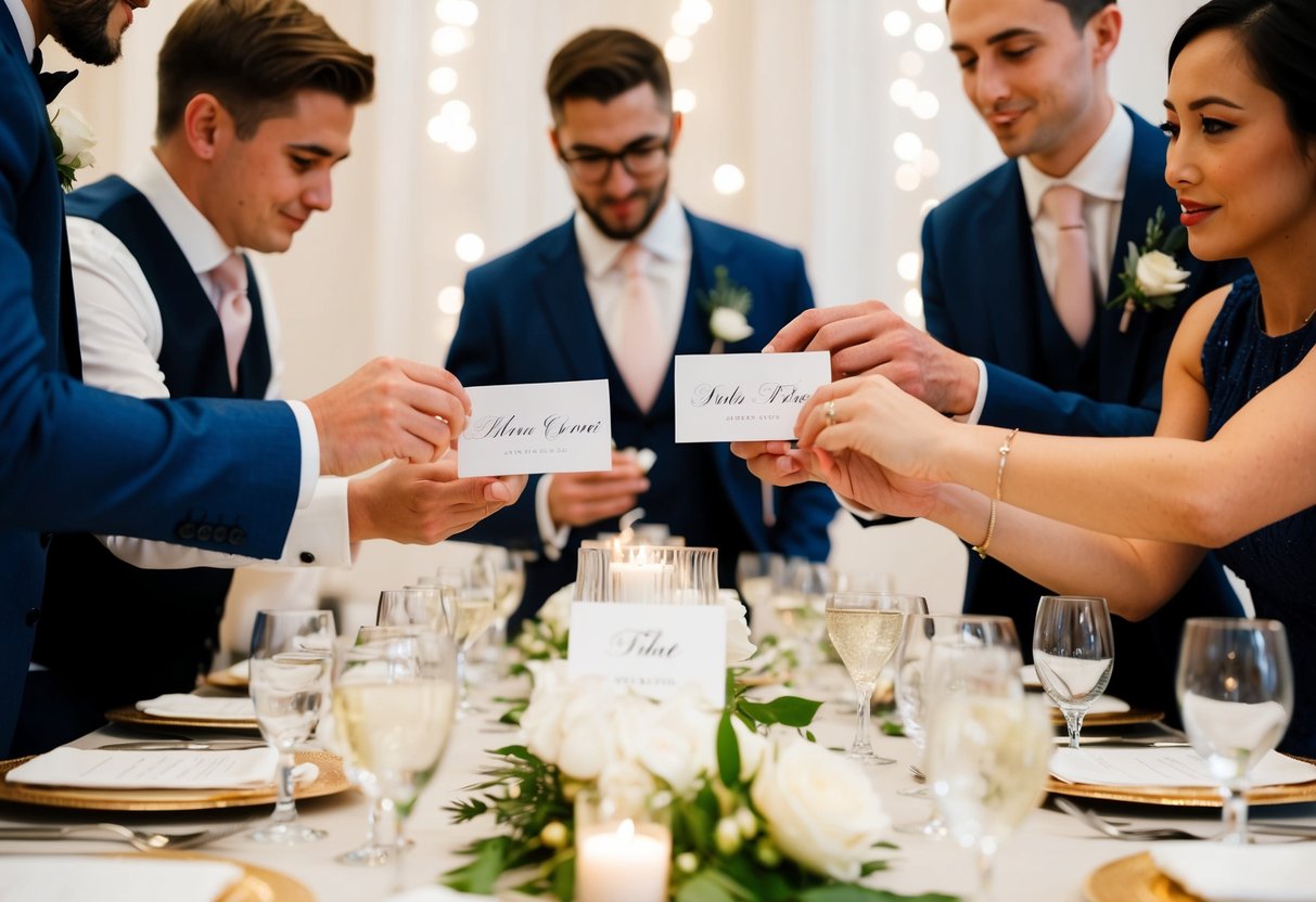 Guests arranging place cards on elegant, decorated tables