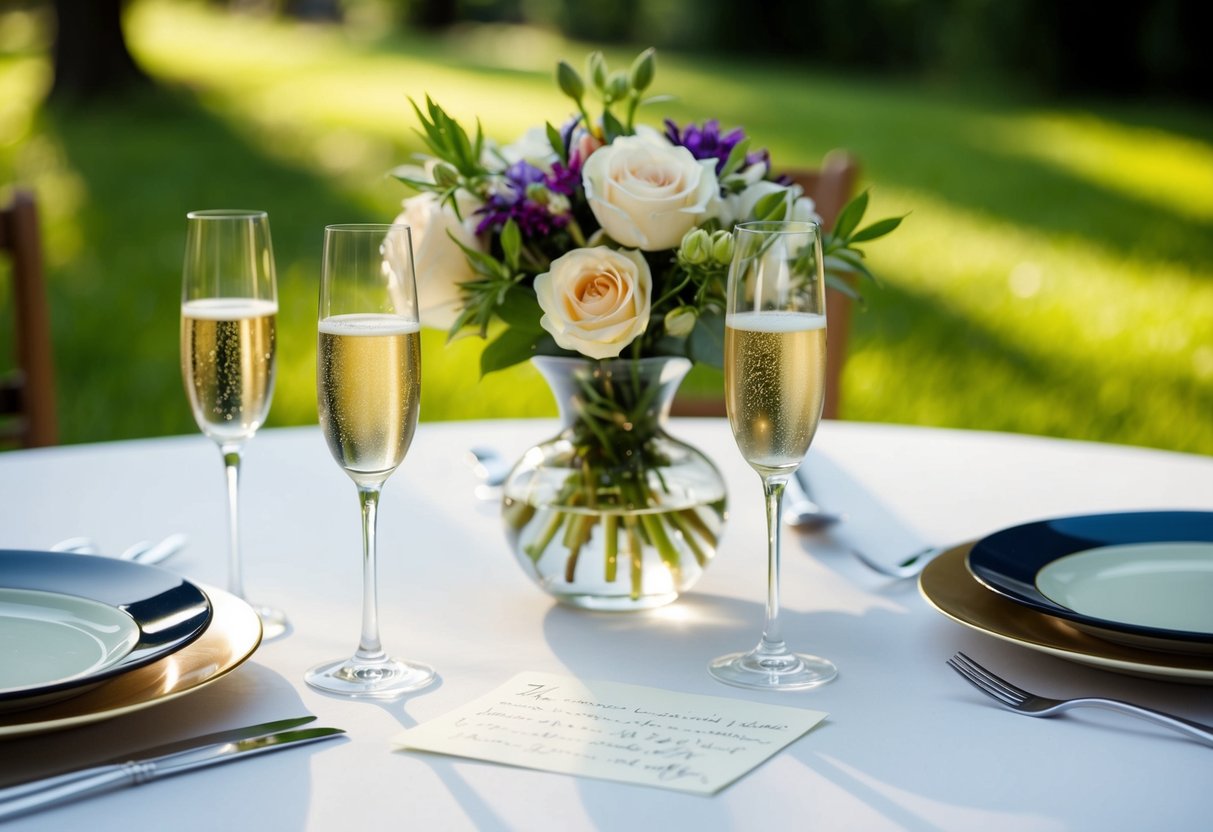 A table set with two elegant champagne glasses, a vase of fresh flowers, and a handwritten note
