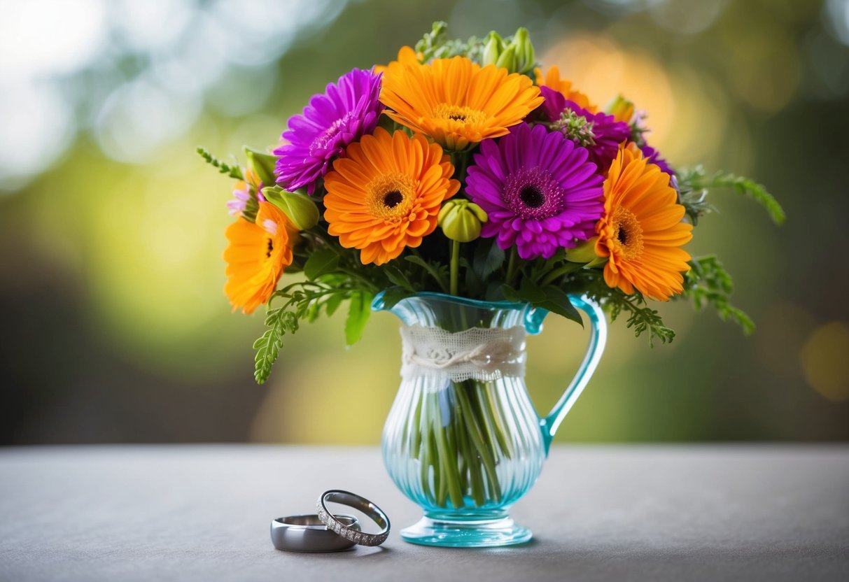A bouquet of vibrant flowers nestled in a delicate vase, placed next to a pair of intertwined wedding rings