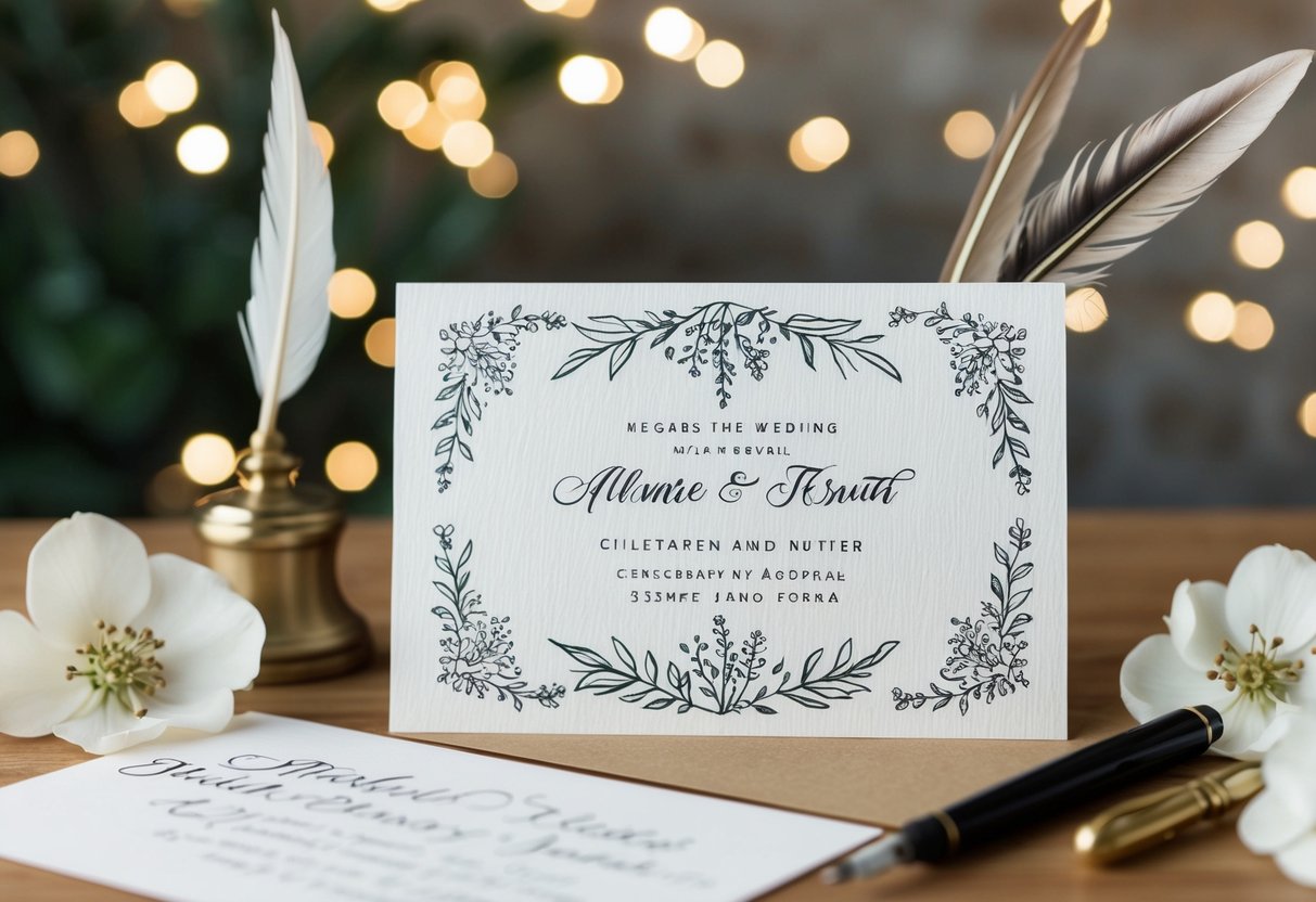 A wedding card with elegant design and floral motifs, surrounded by delicate calligraphy tools and a quill pen