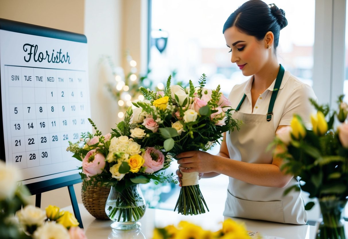 A florist arranging bouquets in a shop, with a calendar showing the wedding date circled and the current date marked