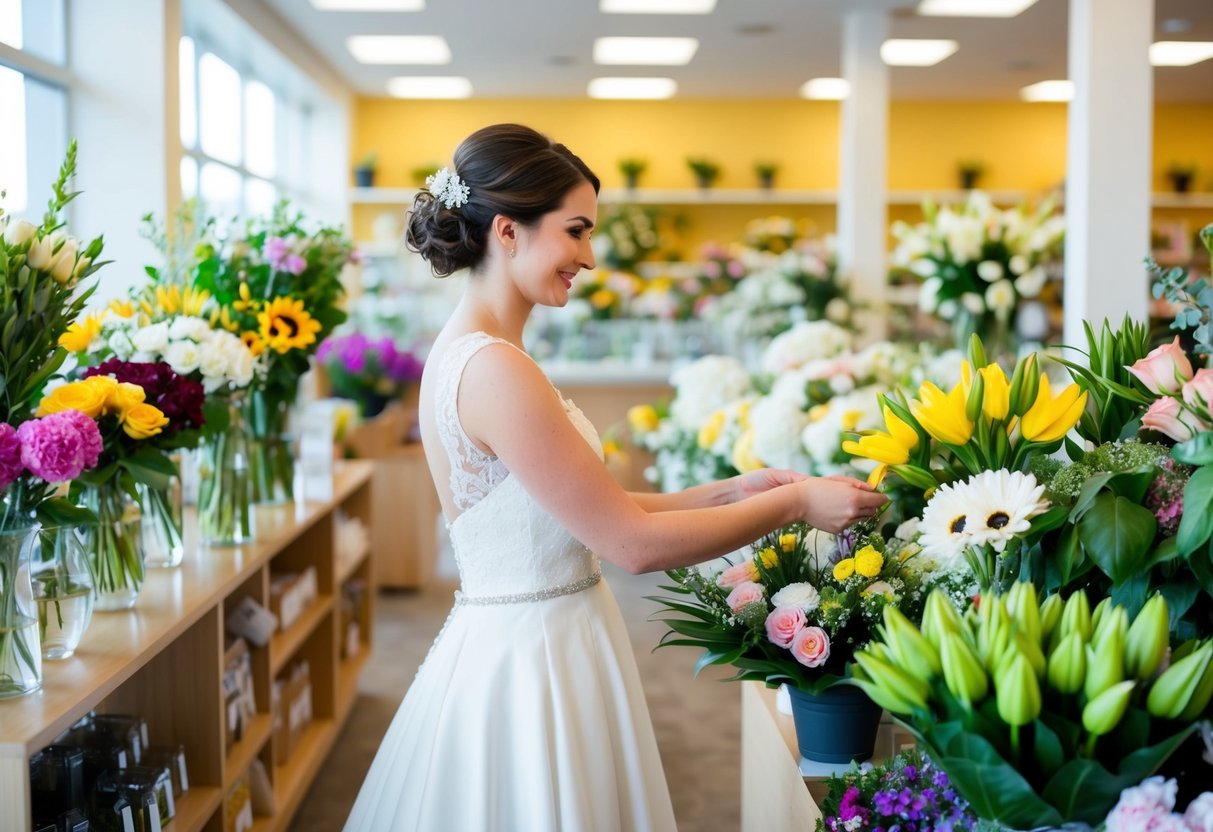 A bride standing in a flower shop, carefully selecting and purchasing various types of fresh flowers for her upcoming wedding
