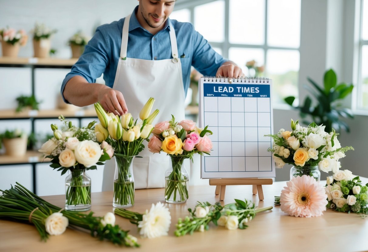 A florist arranging various wedding flowers with a calendar showing lead times for each type