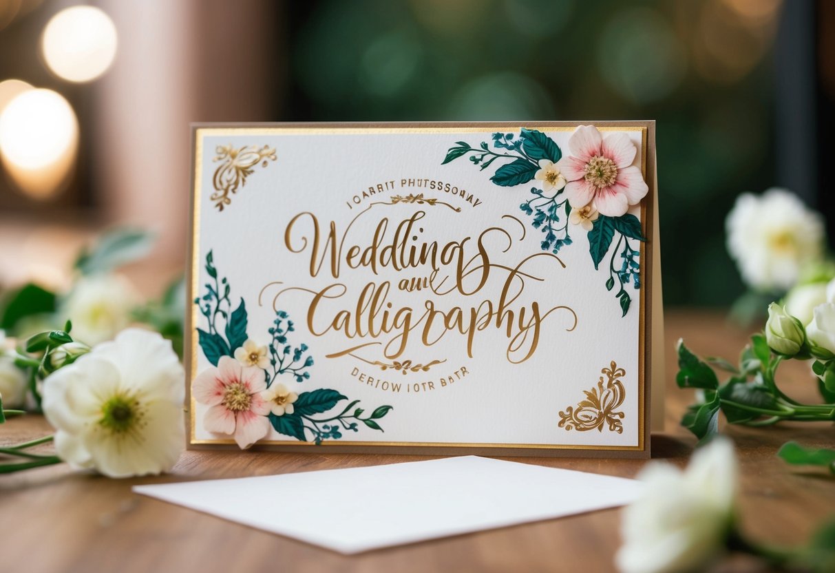 A beautifully decorated wedding card with elegant calligraphy and floral motifs