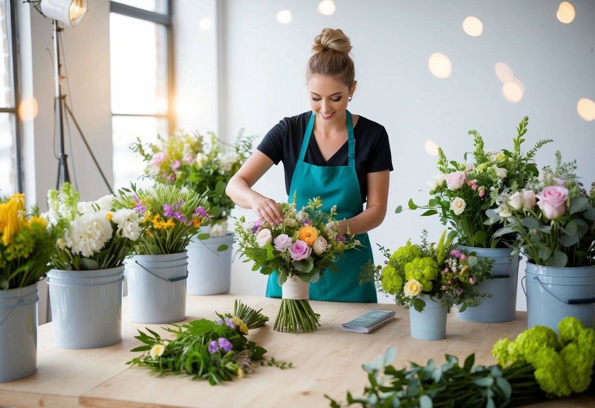 Florist arranging bouquets in a sunlit studio, surrounded by buckets of fresh flowers and greenery