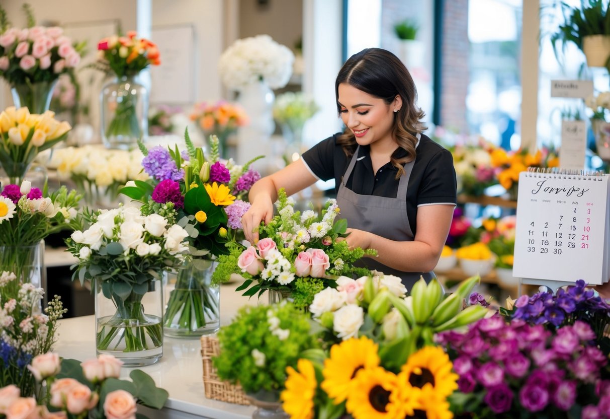 A florist arranging bouquets in a bustling flower shop, with various types of flowers on display and a calendar marking the wedding date