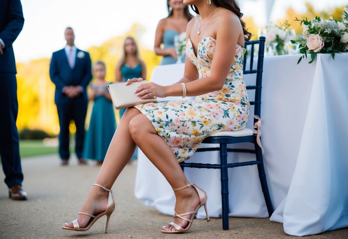 A female guest at a wedding wearing a knee-length floral dress, strappy heels, and a matching clutch, with a delicate necklace and earrings