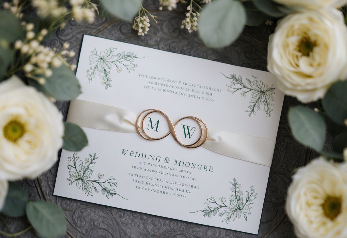 A wedding invitation with two elegant, intertwined monogram initials surrounded by delicate floral designs