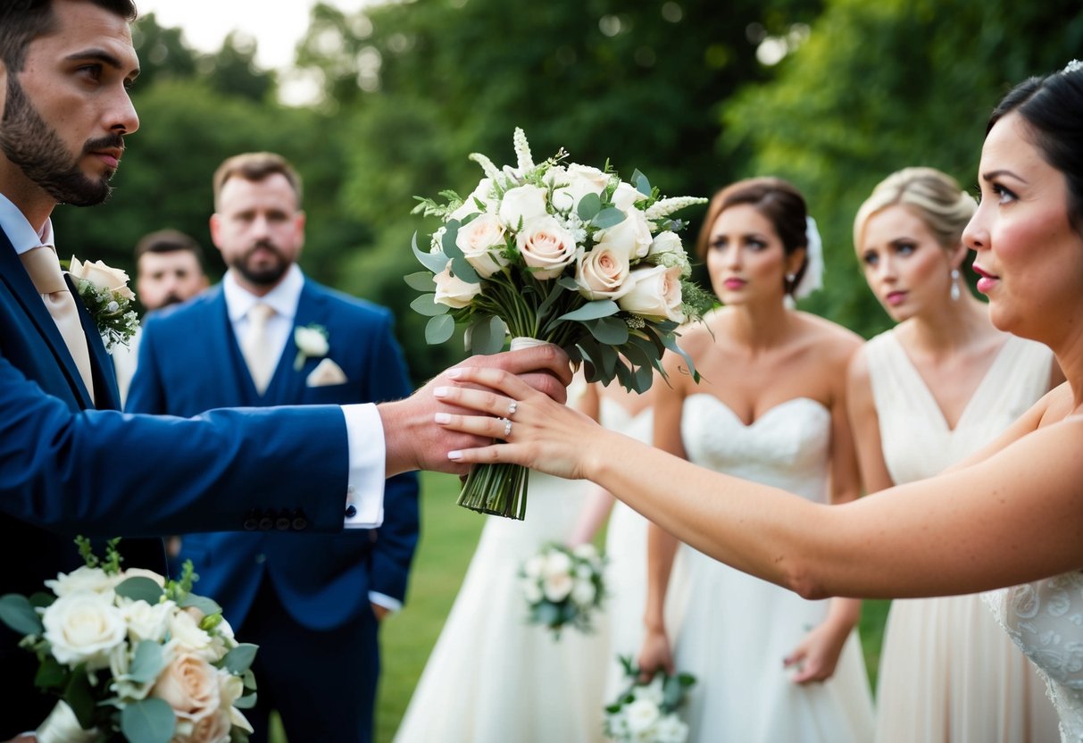 A groom's hand holding a bouquet, while a bride's hand reaches towards it. A confused wedding party looks on