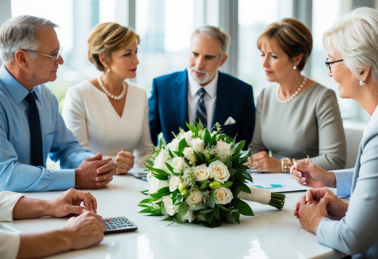 A bride's bouquet resting on a table surrounded by family members discussing financial responsibilities