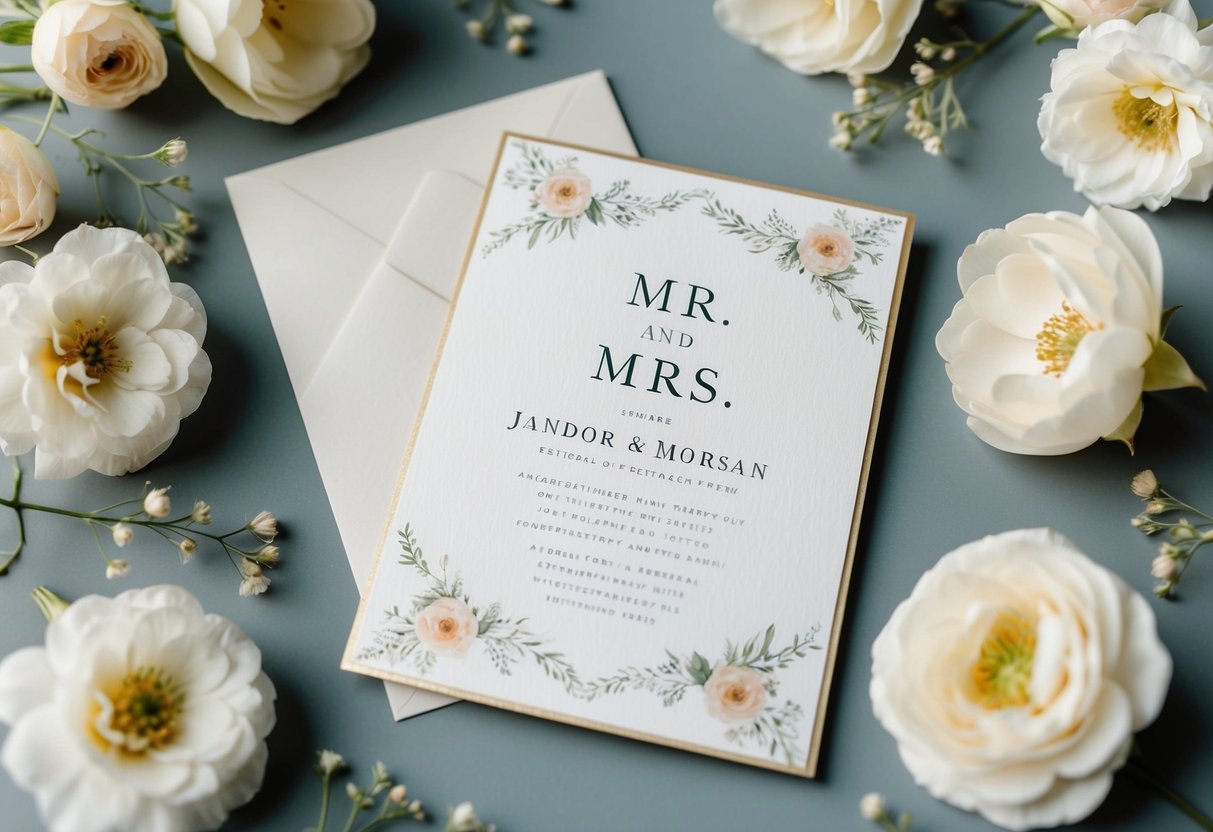 A pair of elegant wedding invitation cards with "Mr. and Mrs." followed by the names of the couple, surrounded by delicate floral designs