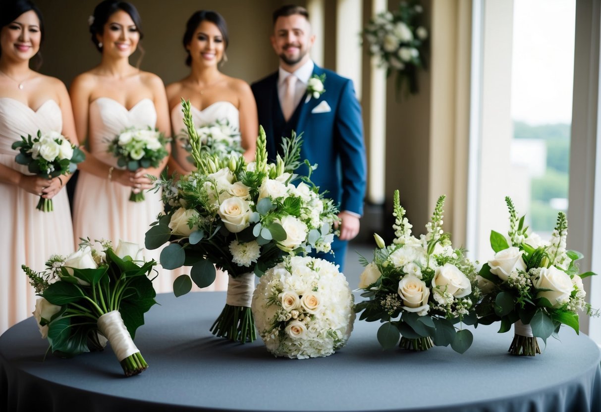 A bride's bouquet placed next to a grooms boutonniere, bridesmaids' bouquets, and groomsmen's boutonnieres on a table