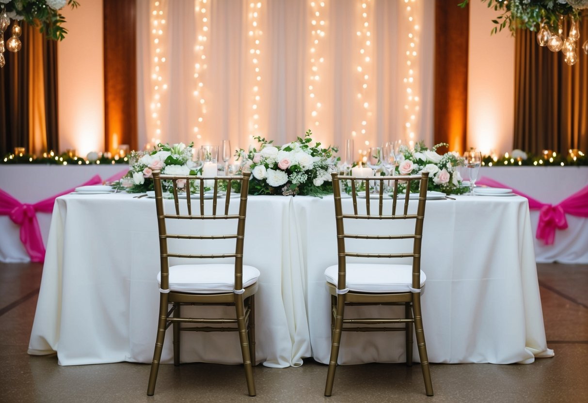 A festive wedding reception with two empty chairs at a beautifully decorated table, surrounded by flowers and twinkling lights