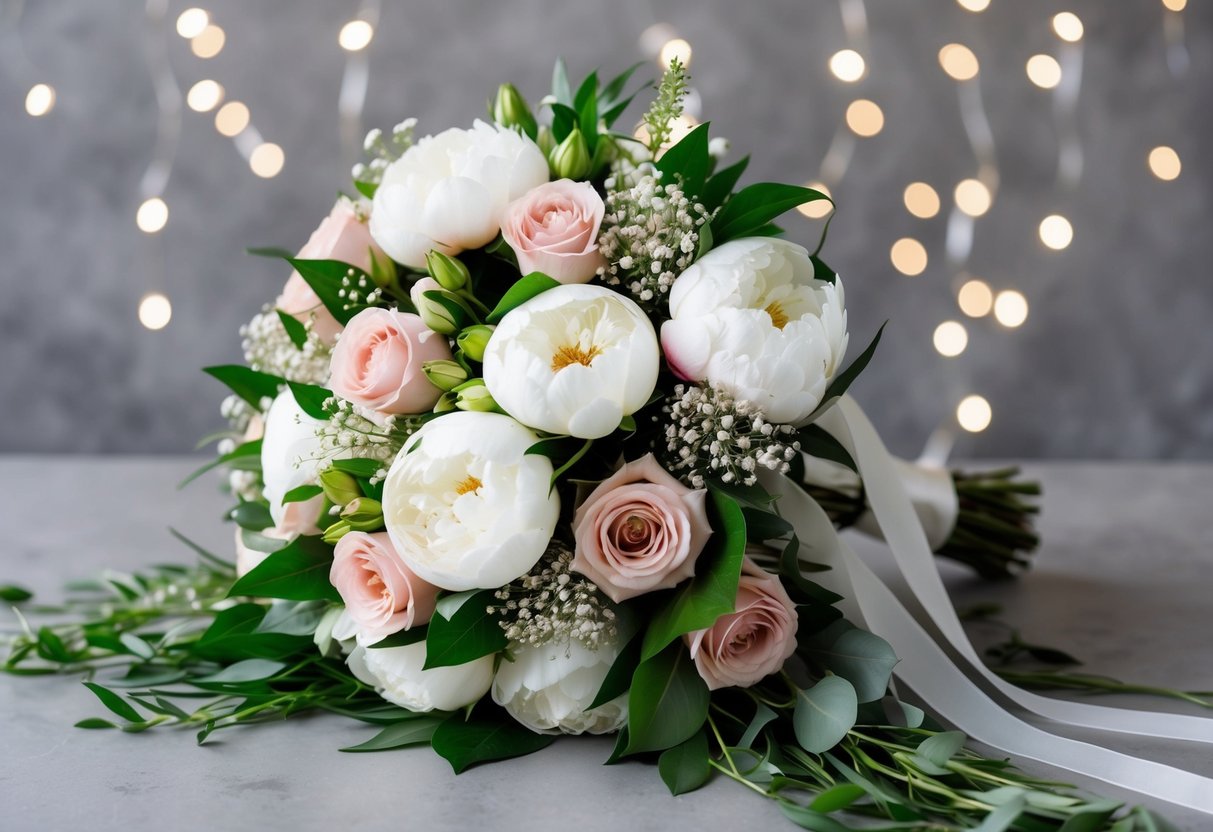A lush bouquet of white peonies, blush roses, and delicate baby's breath, arranged in a cascading shape, with flowing greenery and trailing ribbons
