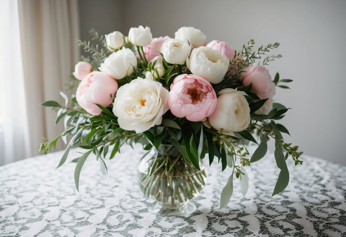 A bouquet of white roses, pink peonies, and soft greenery arranged in a glass vase on a lace tablecloth