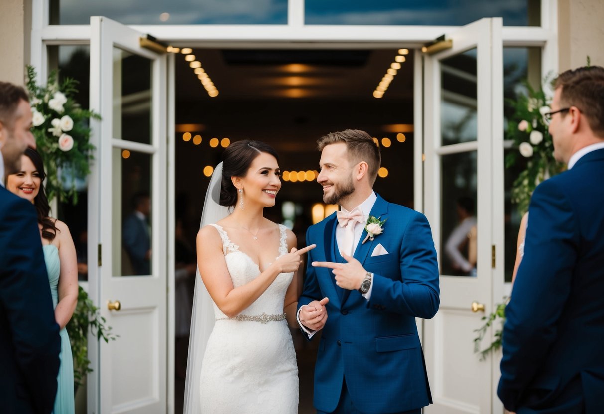A couple stands at a wedding reception entrance, discussing who to bring as their plus-one. They gesture and smile as they weigh their options