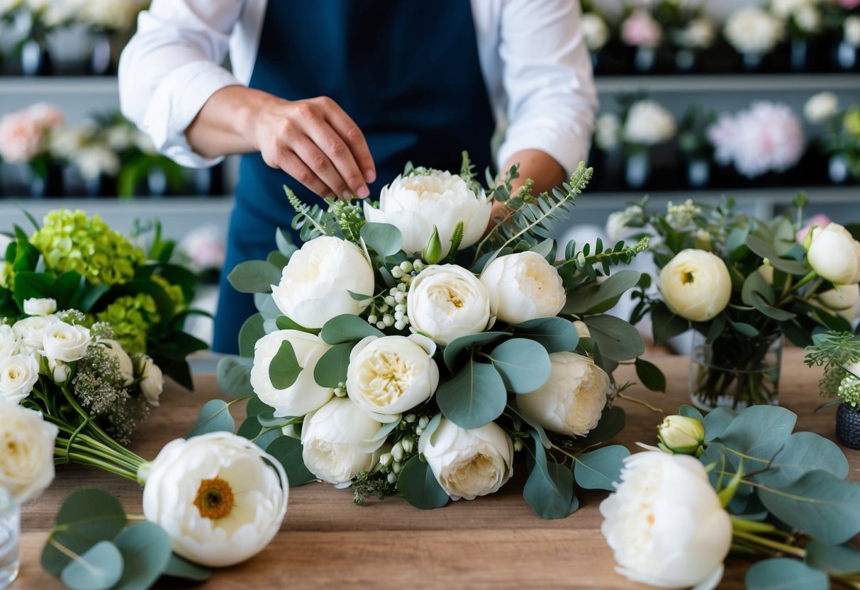 A florist arranging a wedding bouquet with white roses, peonies, and eucalyptus, surrounded by various other flowers and greenery