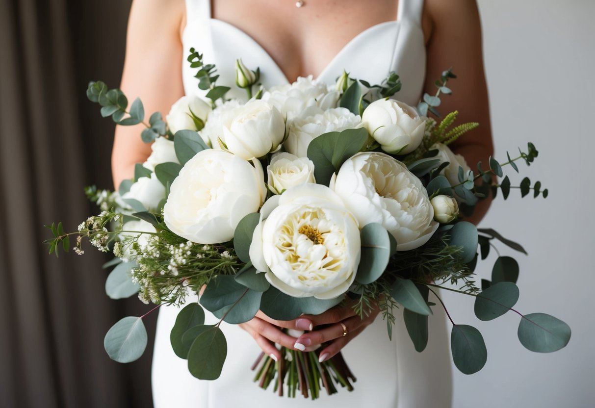 A bride's bouquet of white roses, peonies, and eucalyptus, arranged in a classic and elegant style