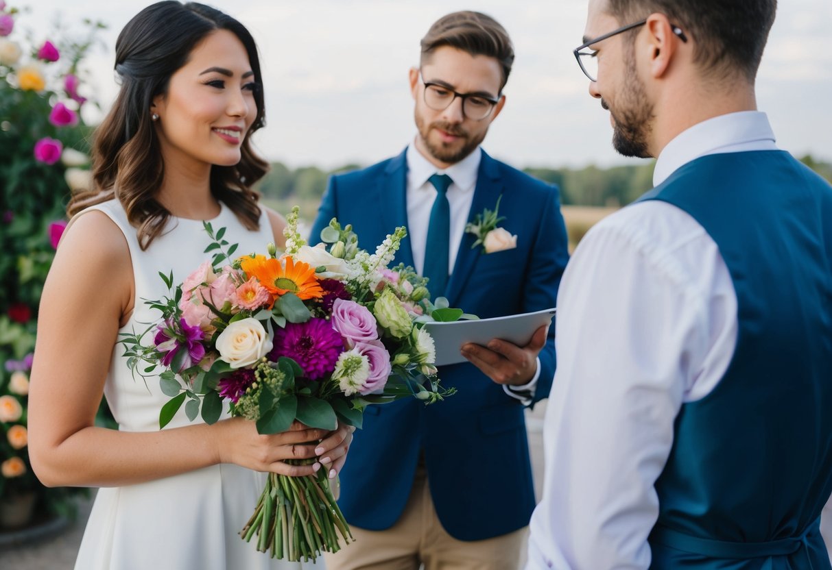 A florist holding a bouquet of various colored flowers while discussing with a couple about the best color options for their wedding