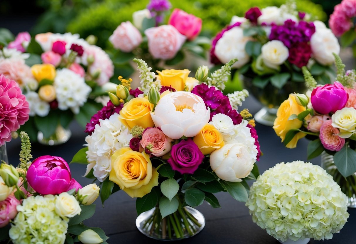 A lush garden with a variety of colorful flowers, including roses, peonies, and hydrangeas, arranged in elegant bouquets and centerpieces for a wedding