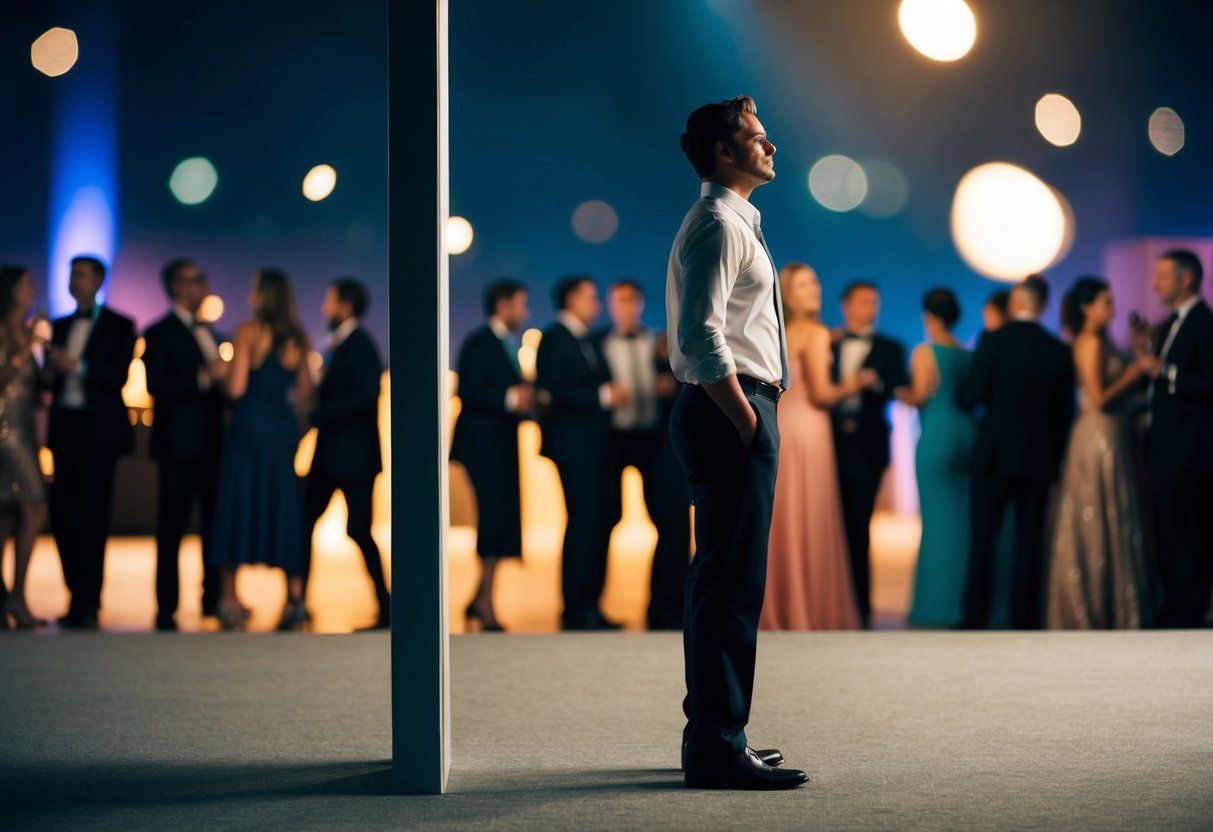 A lone figure stands at the edge of a bustling party, holding an empty space beside them, gazing into the distance with a mix of anticipation and longing