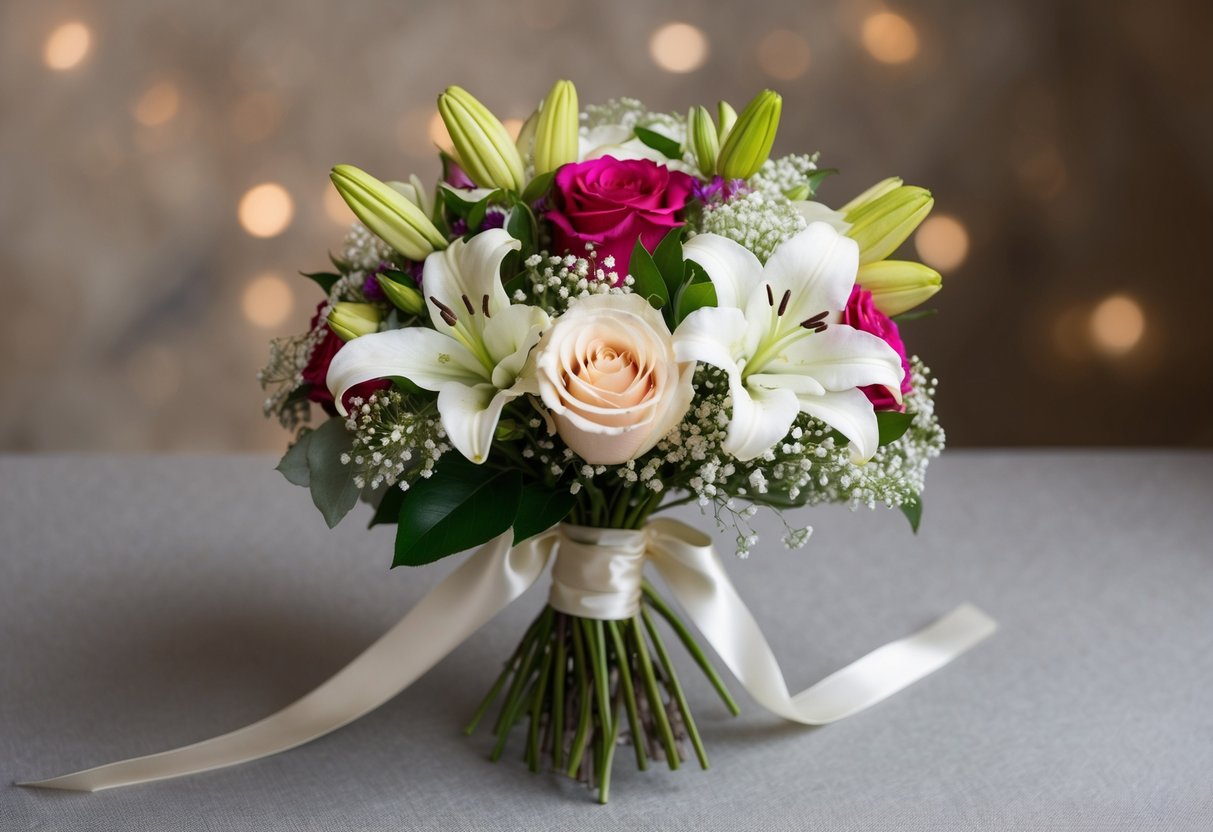 A wedding bouquet with a mix of roses, lilies, and baby's breath, tied with a satin ribbon
