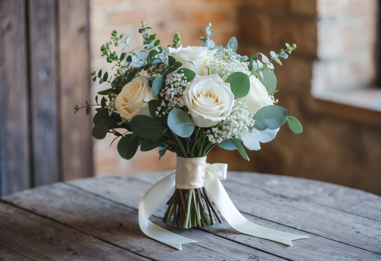 A wedding bouquet with a mix of white roses, baby's breath, and eucalyptus, tied with a satin ribbon, sitting on a rustic wooden table