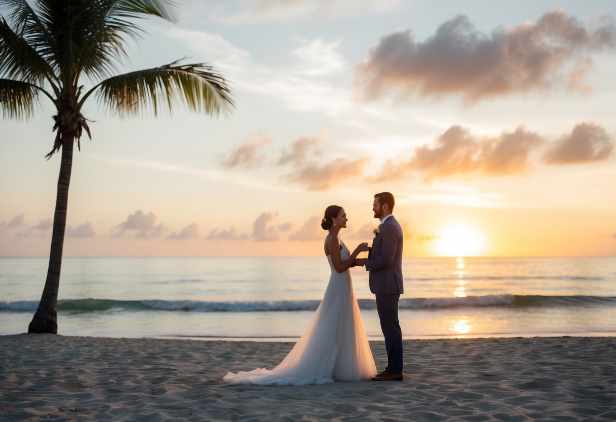 A couple stands alone on a tropical beach, exchanging vows as the sun sets over the ocean