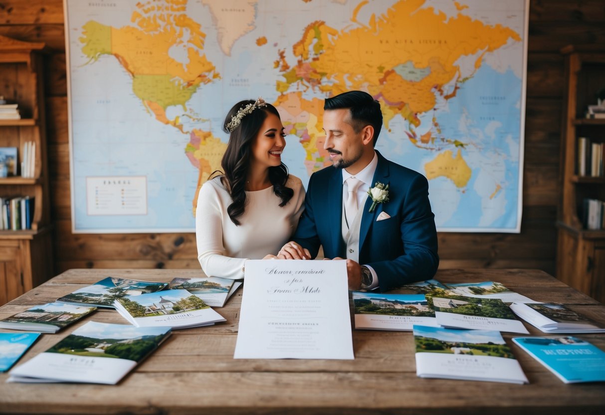 A couple stands at a rustic wooden table, surrounded by maps and travel brochures. A blank wedding invitation lays in front of them as they debate the guest list for their destination wedding