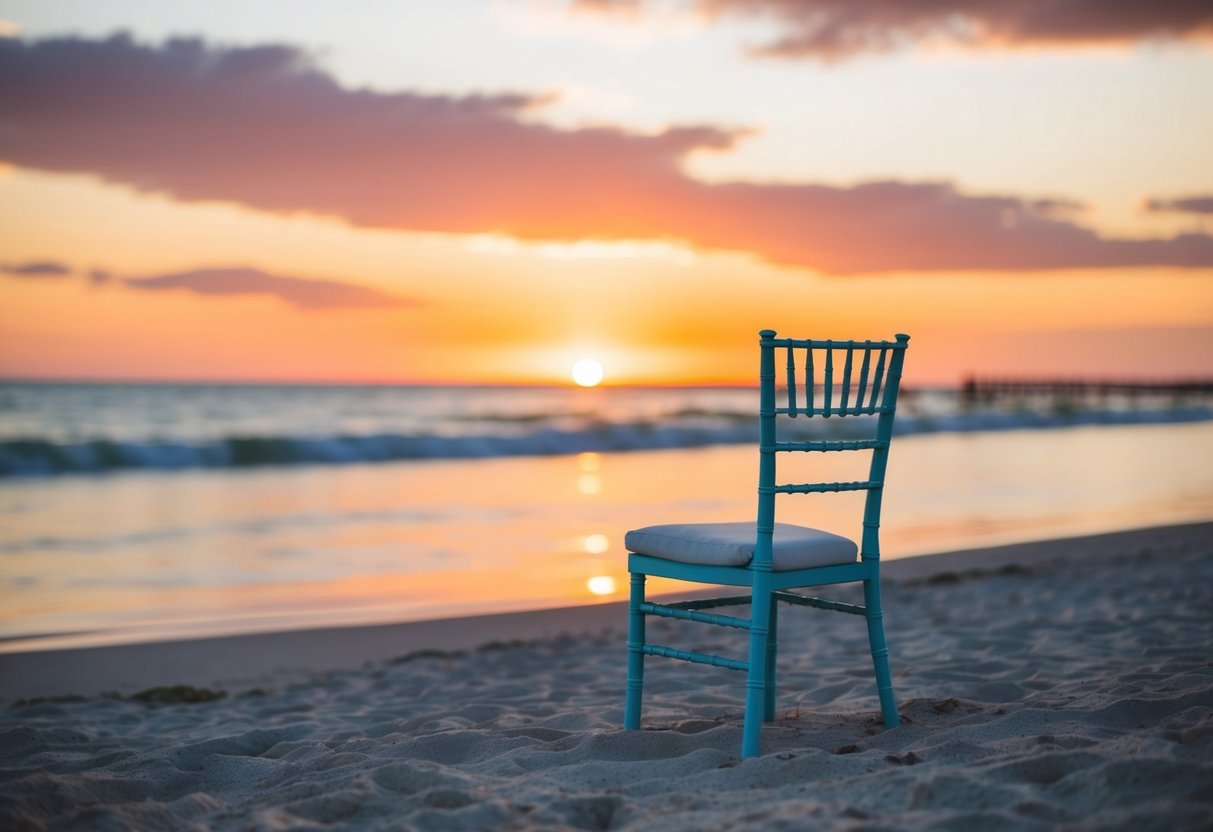 A picturesque beach wedding with a single chair and a stunning sunset backdrop