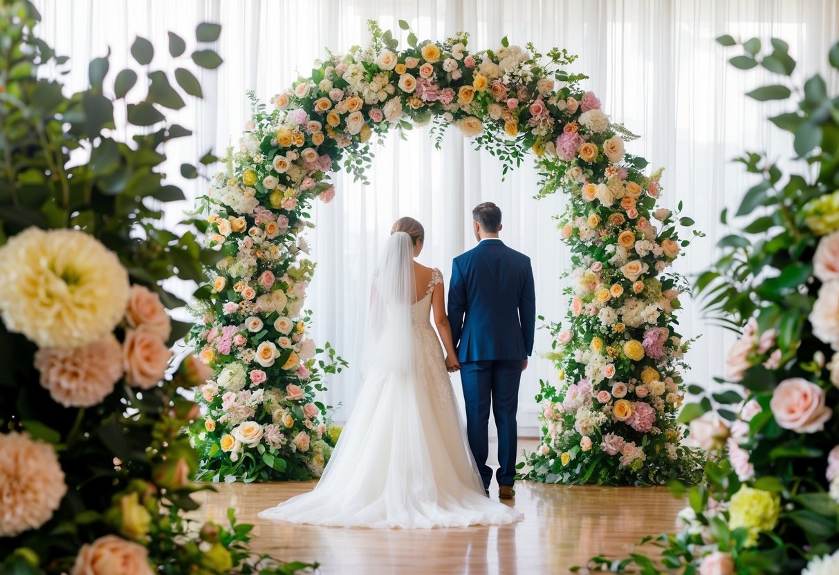 A bride and groom stand under a floral arch at their wedding, surrounded by lush arrangements of vibrant, lifelike fake flowers