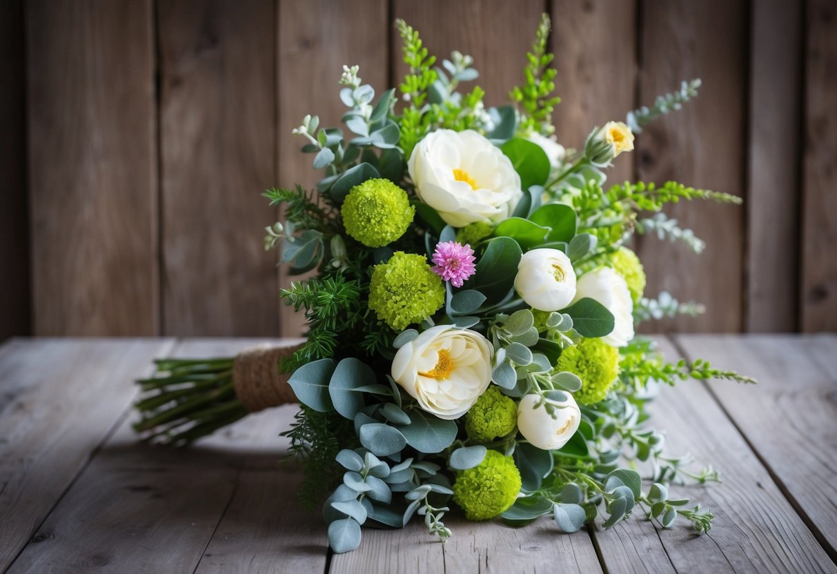 A bouquet of fake flowers intertwined with real greenery and blooms, set against a rustic wooden backdrop