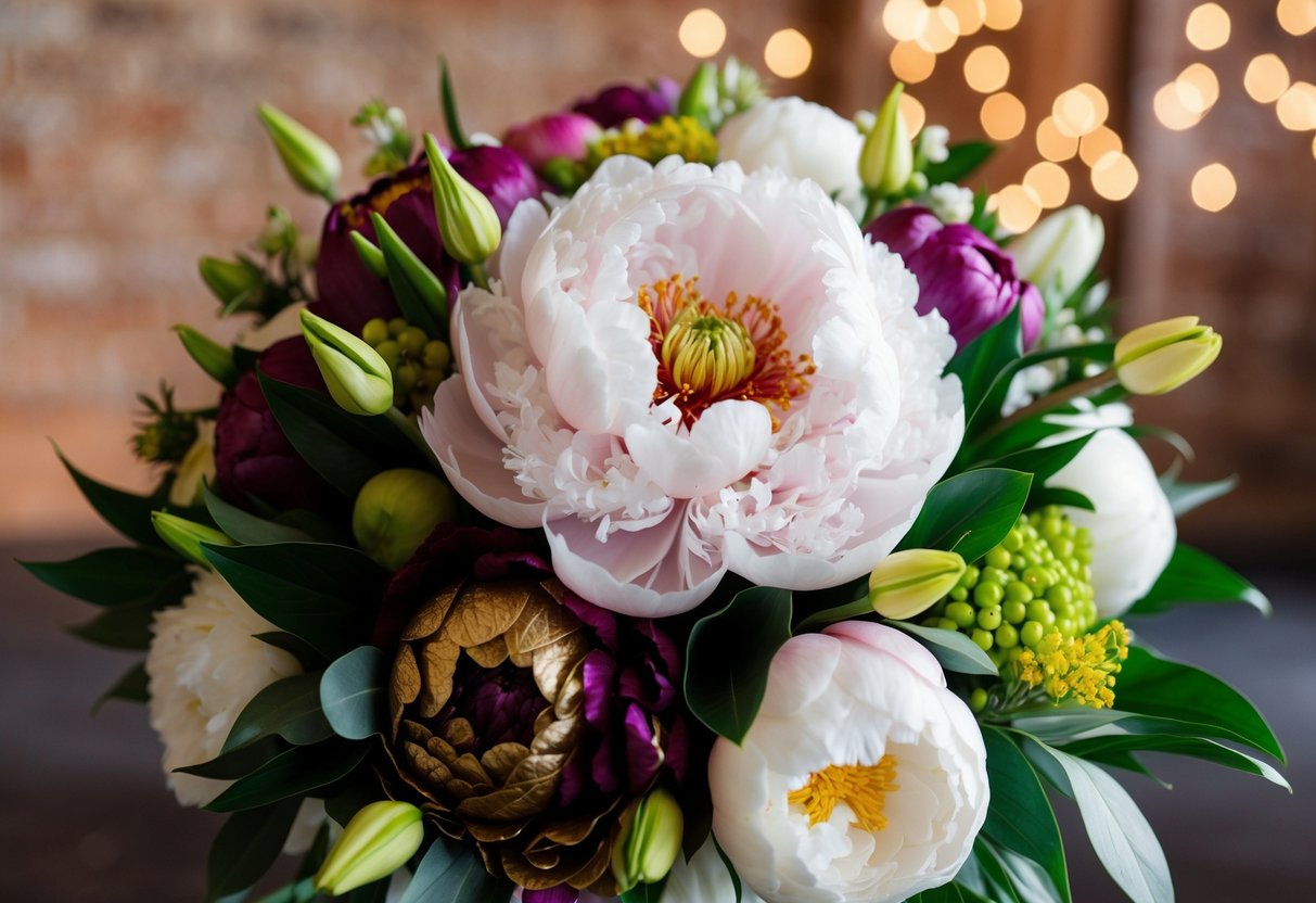 A lavish wedding bouquet featuring rare and exotic blooms, with a focus on the opulent and pricey peony