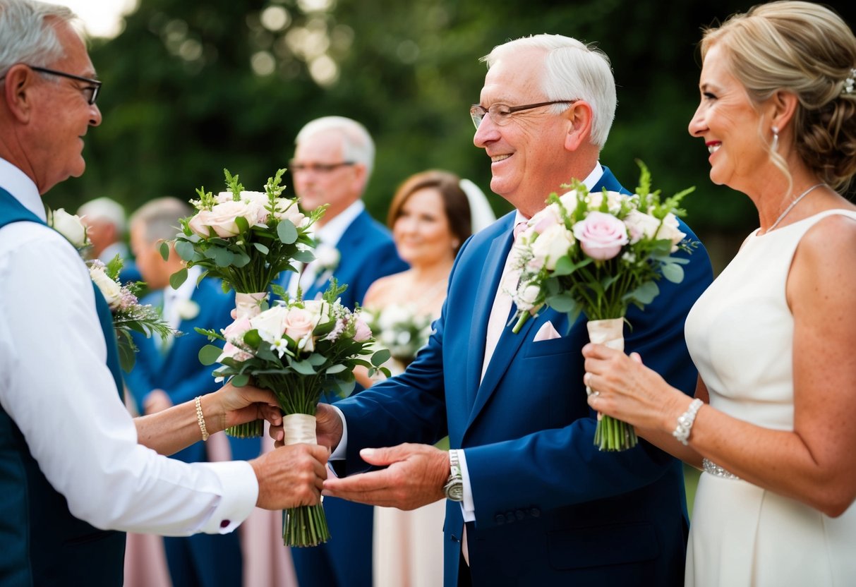 Parents receive flowers at wedding. Bouquets are handed to them during ceremony or reception