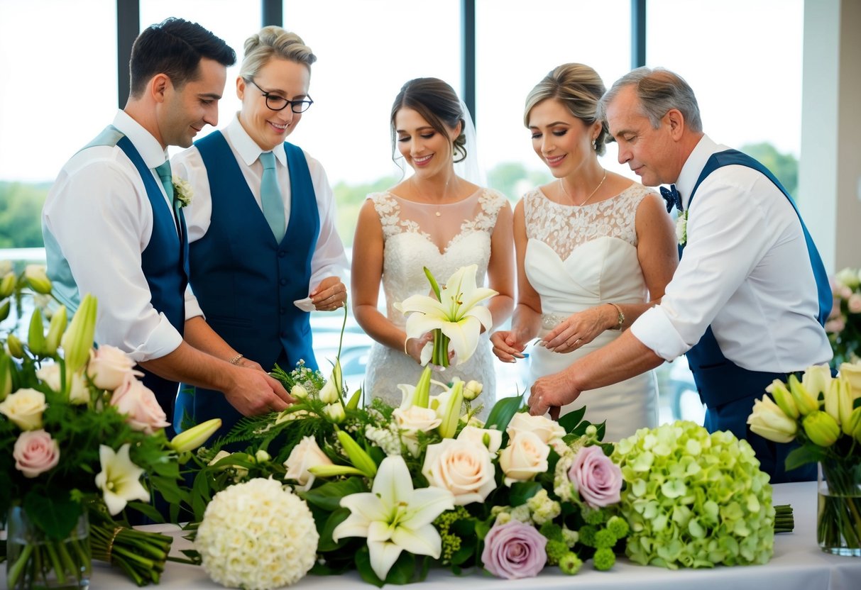 A florist arranging a variety of flowers for a wedding, including roses, lilies, and hydrangeas, with parents of the bride and groom discussing their selections