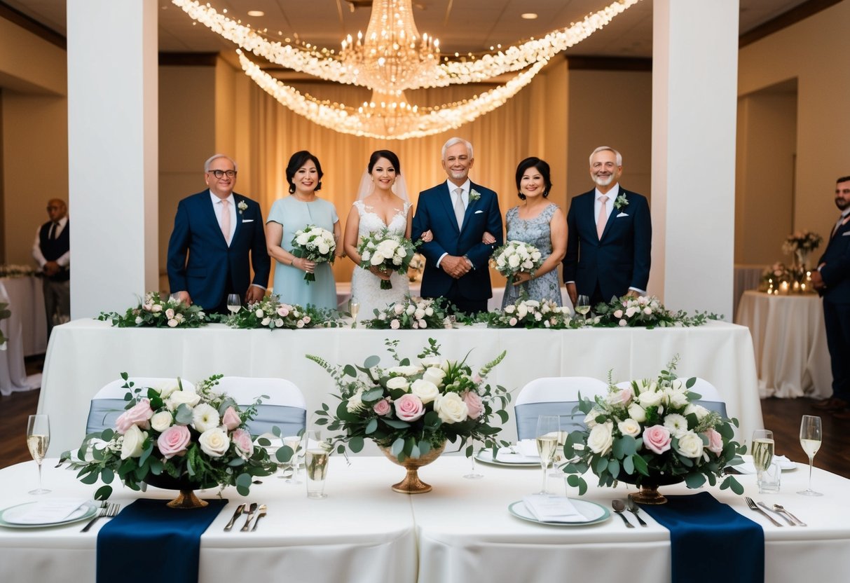 A table with two sets of floral arrangements, one for the parents of the bride and one for the parents of the groom, at a wedding ceremony and reception