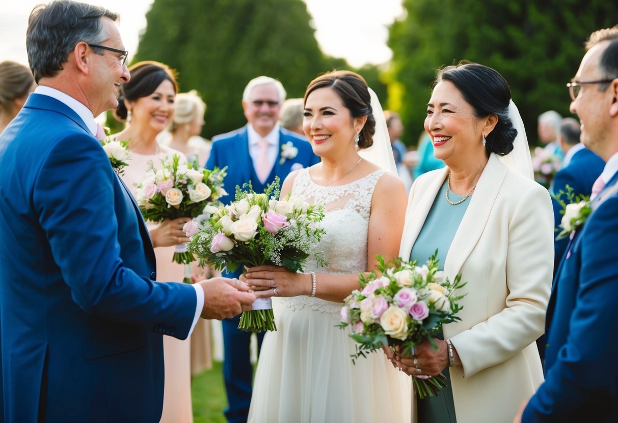Parents receive flowers at pre-wedding events. Bouquets are handed to them as they mingle and celebrate with the bride and groom