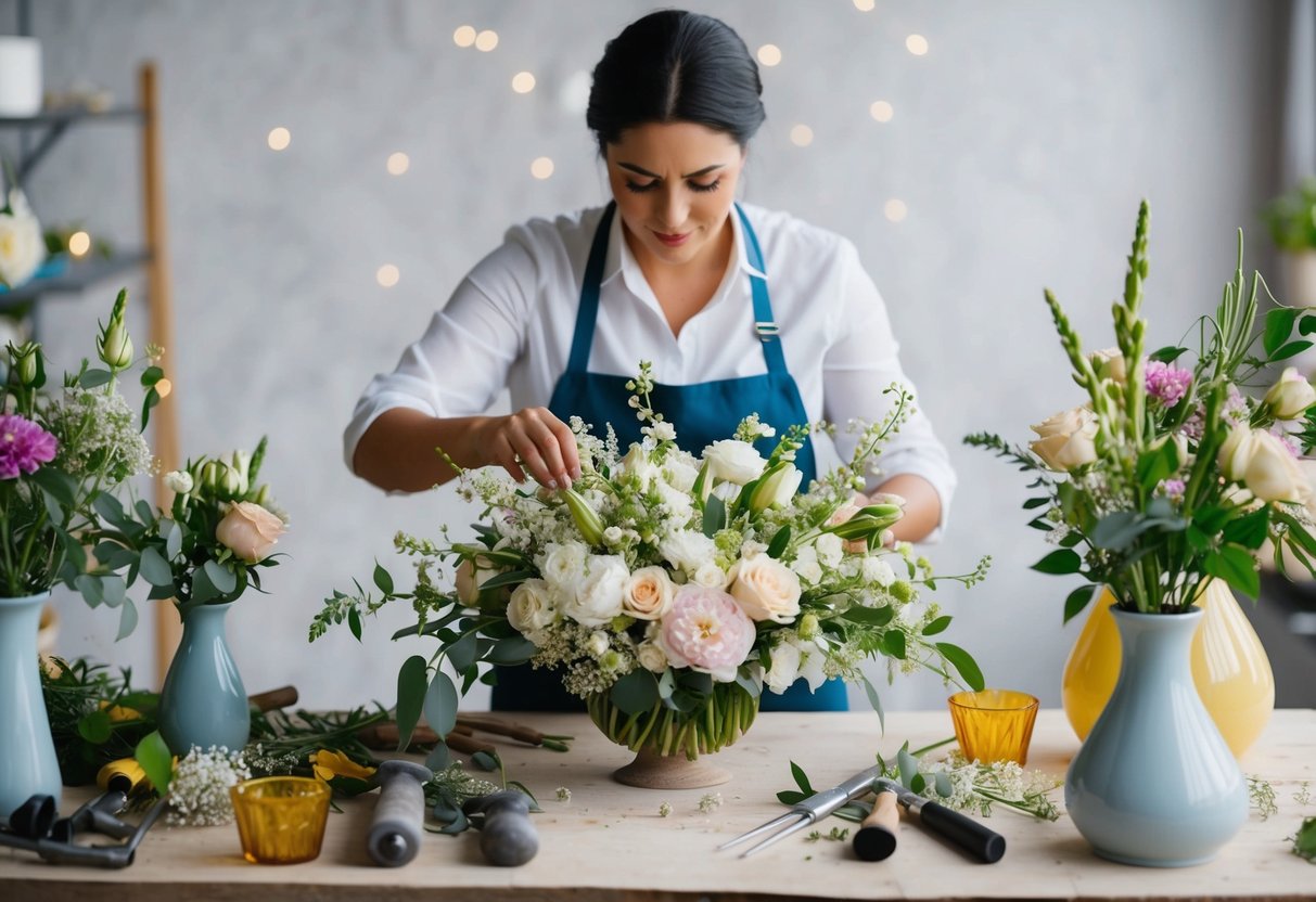 A florist carefully arranges delicate blooms into an intricate wedding bouquet, surrounded by vases and tools on a cluttered work table