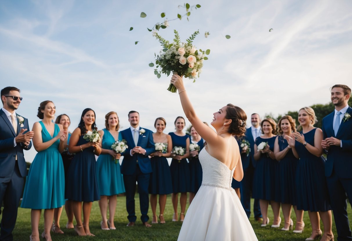 The bride throws her bouquet towards a group of eagerly waiting recipients