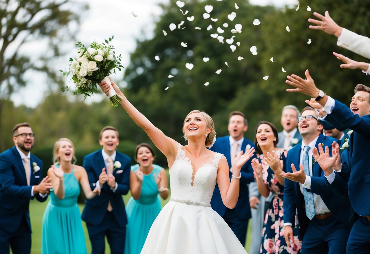 The bride throws her bouquet to a group of excited and eager onlookers, all reaching out to catch it