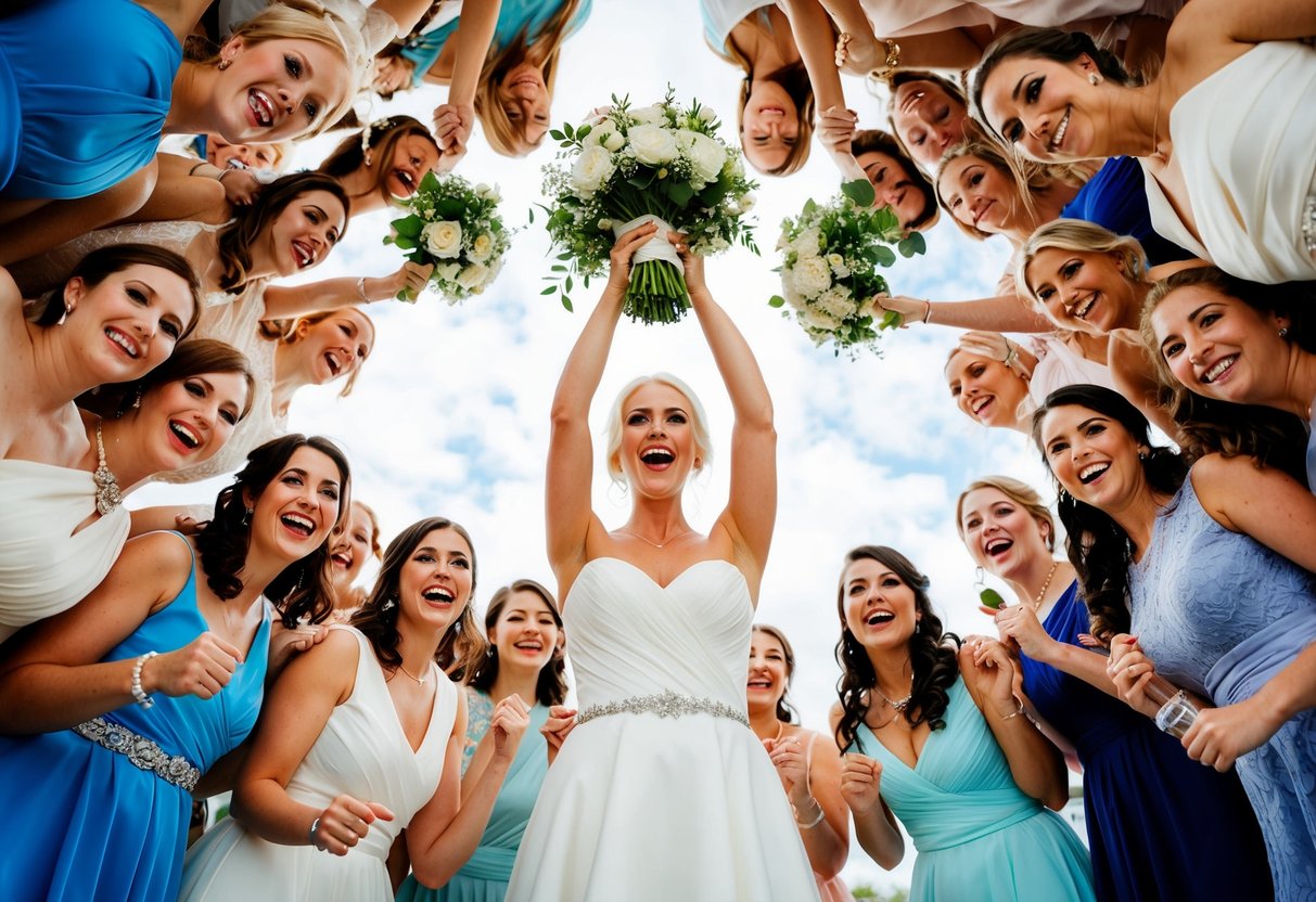 The bride stands in the center of a circle of excited female wedding guests, holding her bouquet high above her head