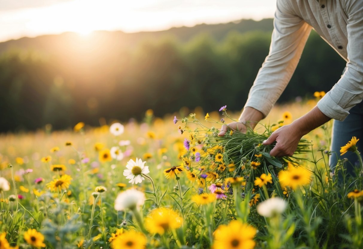 A person gathering wildflowers in a sunlit meadow