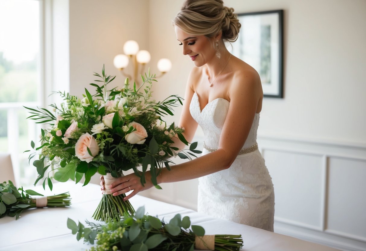 A bride gathers fresh flowers and greenery, arranging them into a beautiful bouquet at a well-lit table